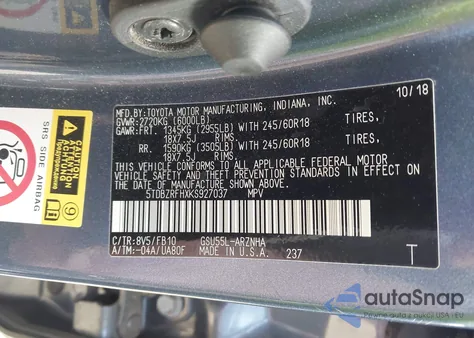 2019 Toyota Highlander Le/Le Plus z USA, uszkodzony, nr VIN 5TDBZRFHXKS927037